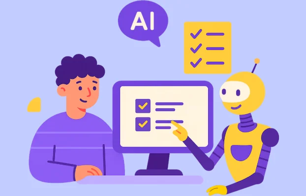 Doktor Web Siteleri İçin Yapay Zeka Asistanı - Digital Marka Ajansı Illustration of a person and a yellow robot at a computer, screen showing a checklist with checkmarks labeled AI above them.