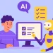 Illustration of a person and a yellow robot at a computer, screen showing a checklist with checkmarks labeled AI above them.