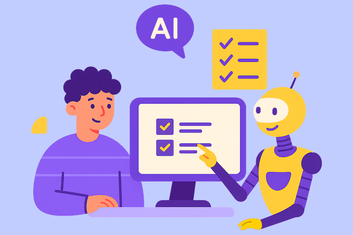 Illustration of a person and a yellow robot at a computer, screen showing a checklist with checkmarks labeled AI above them.