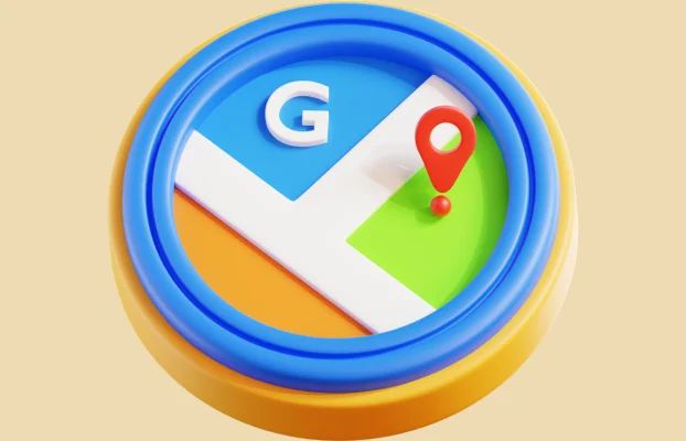 Doktorlar İçin Google Haritalar Optimizasyonu - Digital Marka Ajansı Illustration of the Google Maps logo with a red location pin on a colorful map background inside a circular frame.