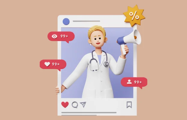Doktorlar İçin Instagram Yönetimi - Digital Marka Ajansı 3D doctor in a white coat with a megaphone inside a social media post frame, surrounded by engagement bubbles (likes, views, followers).