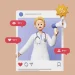 3D doctor in a white coat with a megaphone inside a social media post frame, surrounded by engagement bubbles (likes, views, followers).