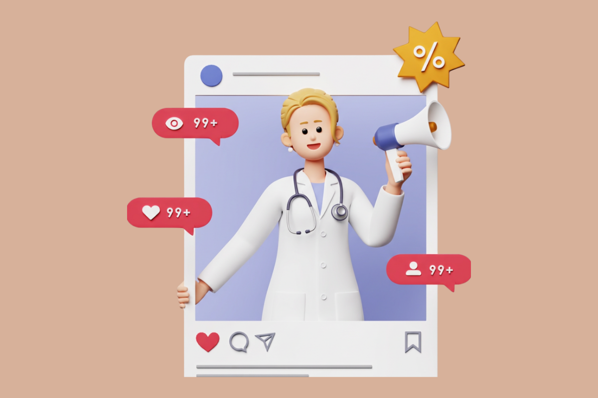 Doktorlar İçin Instagram Yönetimi - Digital Marka Ajansı 3D doctor in a white coat with a megaphone inside a social media post frame, surrounded by engagement bubbles (likes, views, followers).